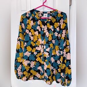 CAbi Floral Button-Front Top in Black, Teal & Mustard